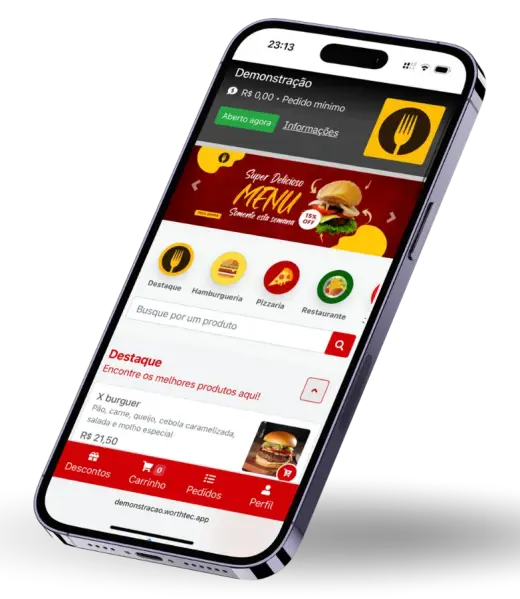 Sistema de delivery completo exibido em smartphone, compatível com celular, tablet e computador, com pedidos online, cardápio digital, integração com WhatsApp, controle de vendas, PDV e gestão completa para restaurantes e lanchonetes