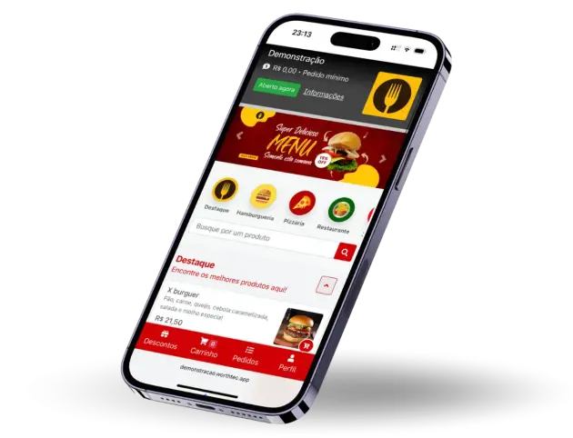 Sistema de delivery completo exibido em smartphone, compatível com celular, tablet e computador, com pedidos online, cardápio digital, integração com WhatsApp, controle de vendas, PDV e gestão completa para restaurantes e lanchonetes